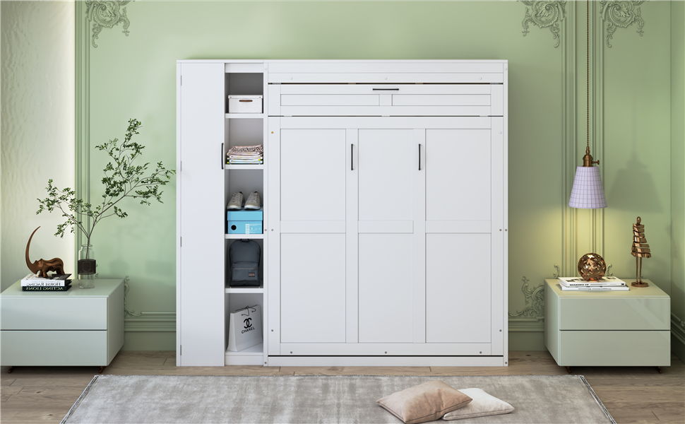 Full Size Murphy Wall Bed With Shelves, Wardrobe And LED Lights - White