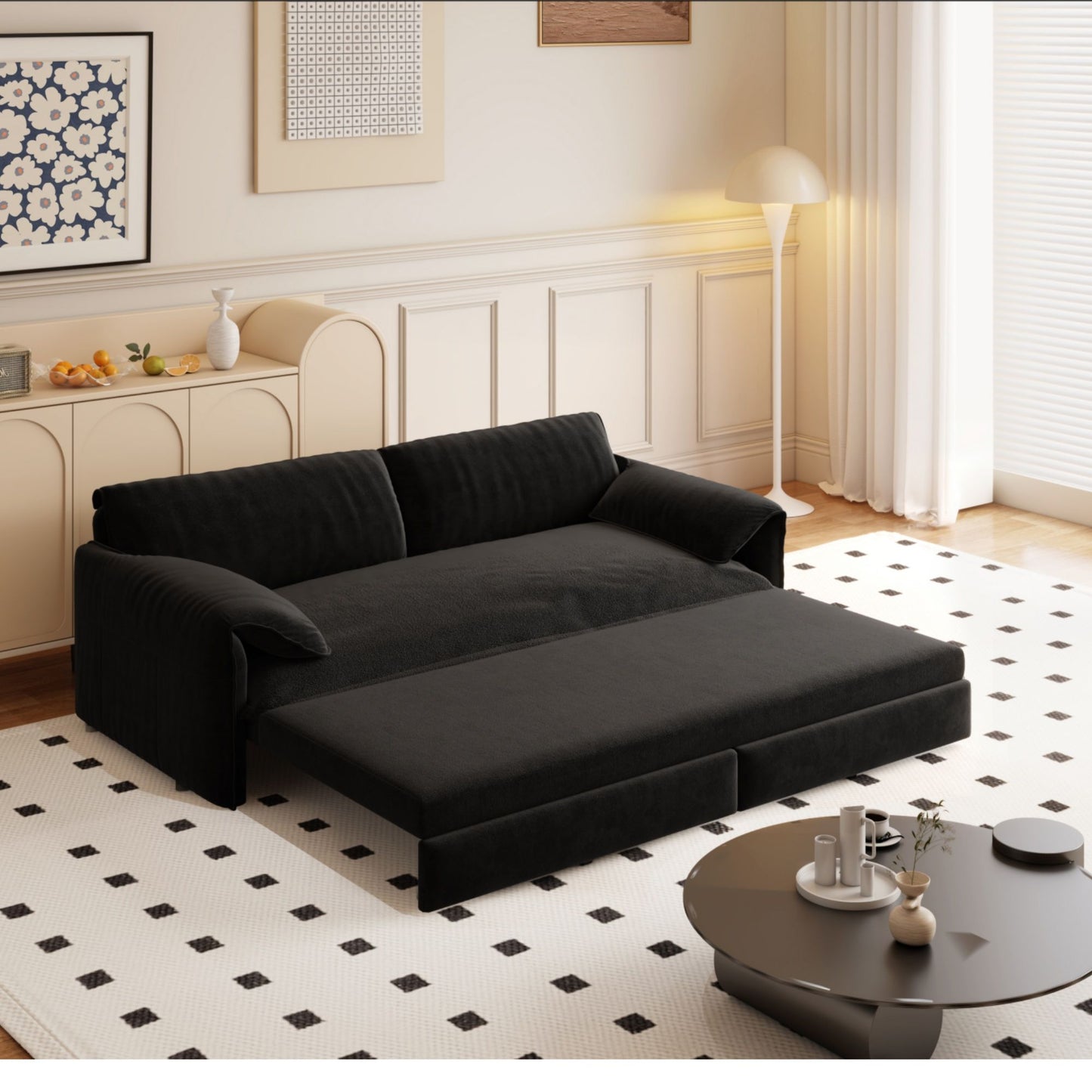 Queen Pull Out Sofa Bed, 3 In 1 Convertible Sleeper Sofa With Side Storage Multifunctional Velvet Loveseat Bed For Living Room - Black
