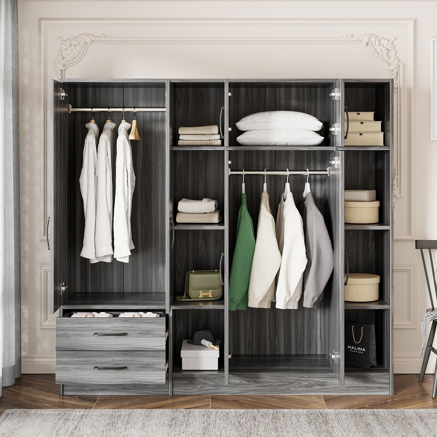 6 Door Wardrobe With Shelves And Drawers - Gray