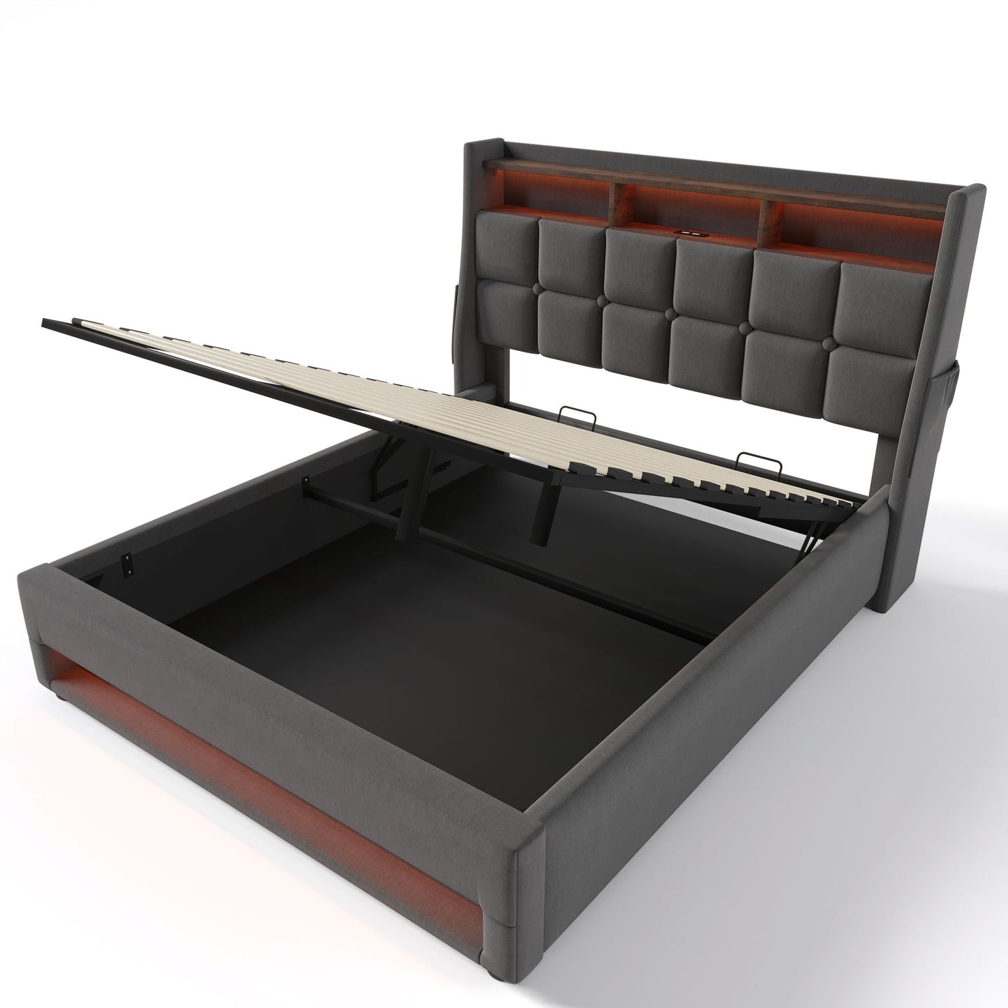 Full Size Upholstered Platform Bed With A Hydraulic Storage System, LED And USB Charging (Without Mattress) - Gray