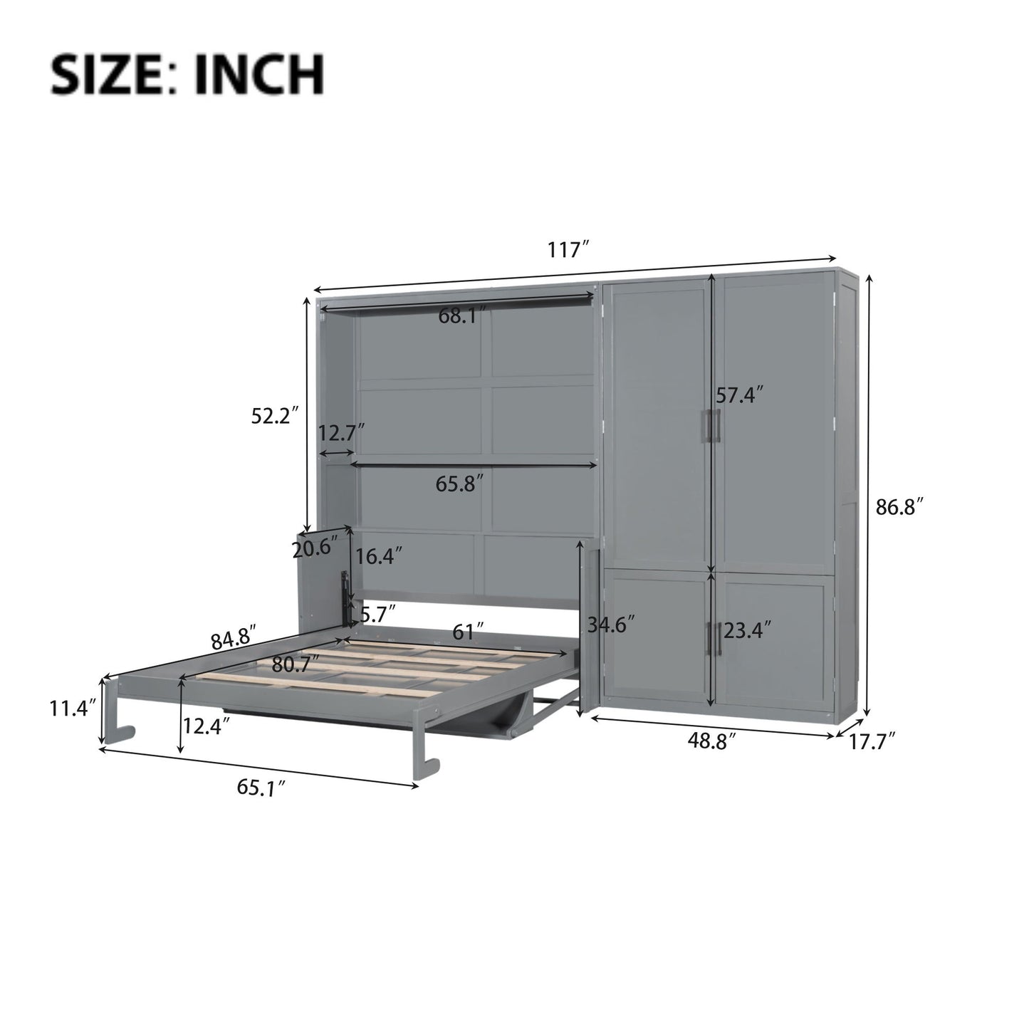 Queen Size Murphy Elegant Wall Bed With Closet - Gray