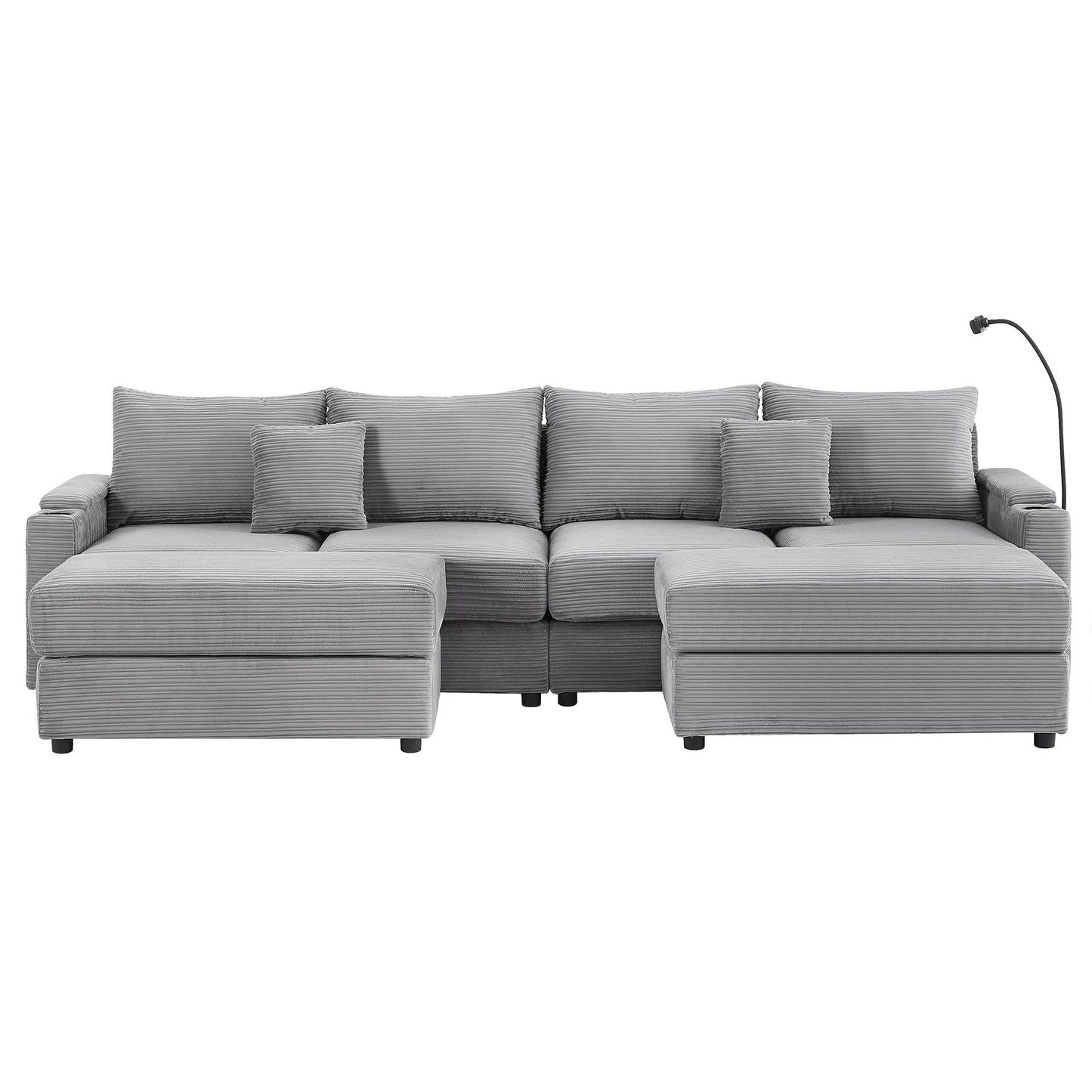Modern Style 4 - Seater Sofa Sectional Sofa Couch With Storage Space, Two Movable Ottomans, Two USB Ports, Two Cup Holders, A Phone Holder For Living Room - Gray