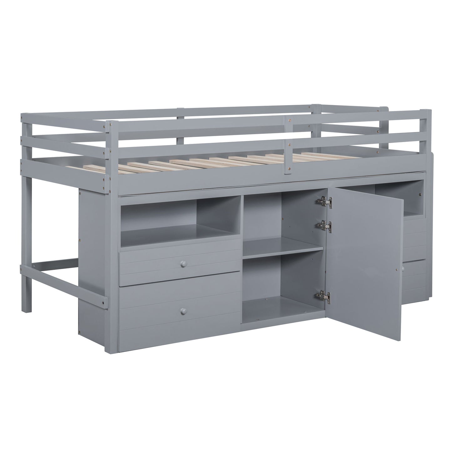Twin Size Loft Bed With 4 Drawers, Underneath Cabinet And Shelves - Gray