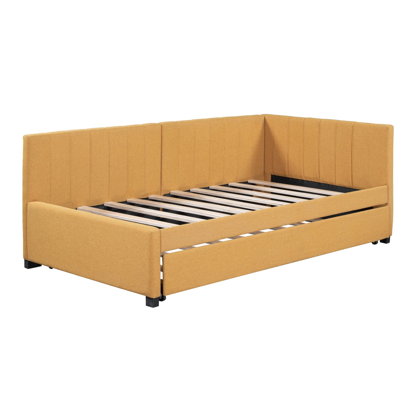 Upholstered Daybed With Trundle Twin Size Sofa Bed Frame No Box Spring Needed, Linen - Yellow