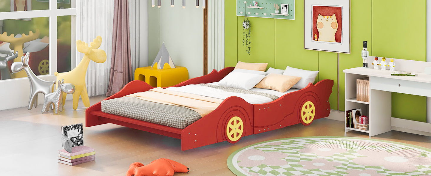 Full Size Race Car Shaped Platform Bed & Wheels - Red