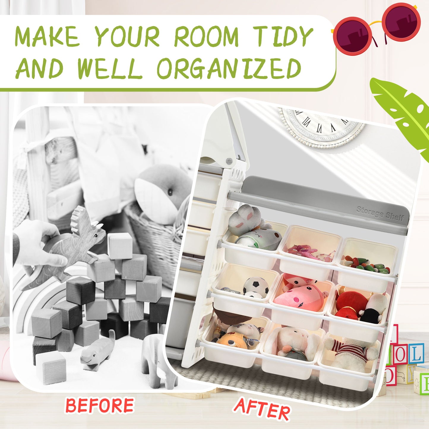 Kids Bookshelf Toy Storage Organizer With 17 Bins And 5 Bookshelves, Multi-Functional Nursery Organizer Kids Furniture Set Toy Storage Cabinet Unit With HDPE SheLF And Bins - Gray