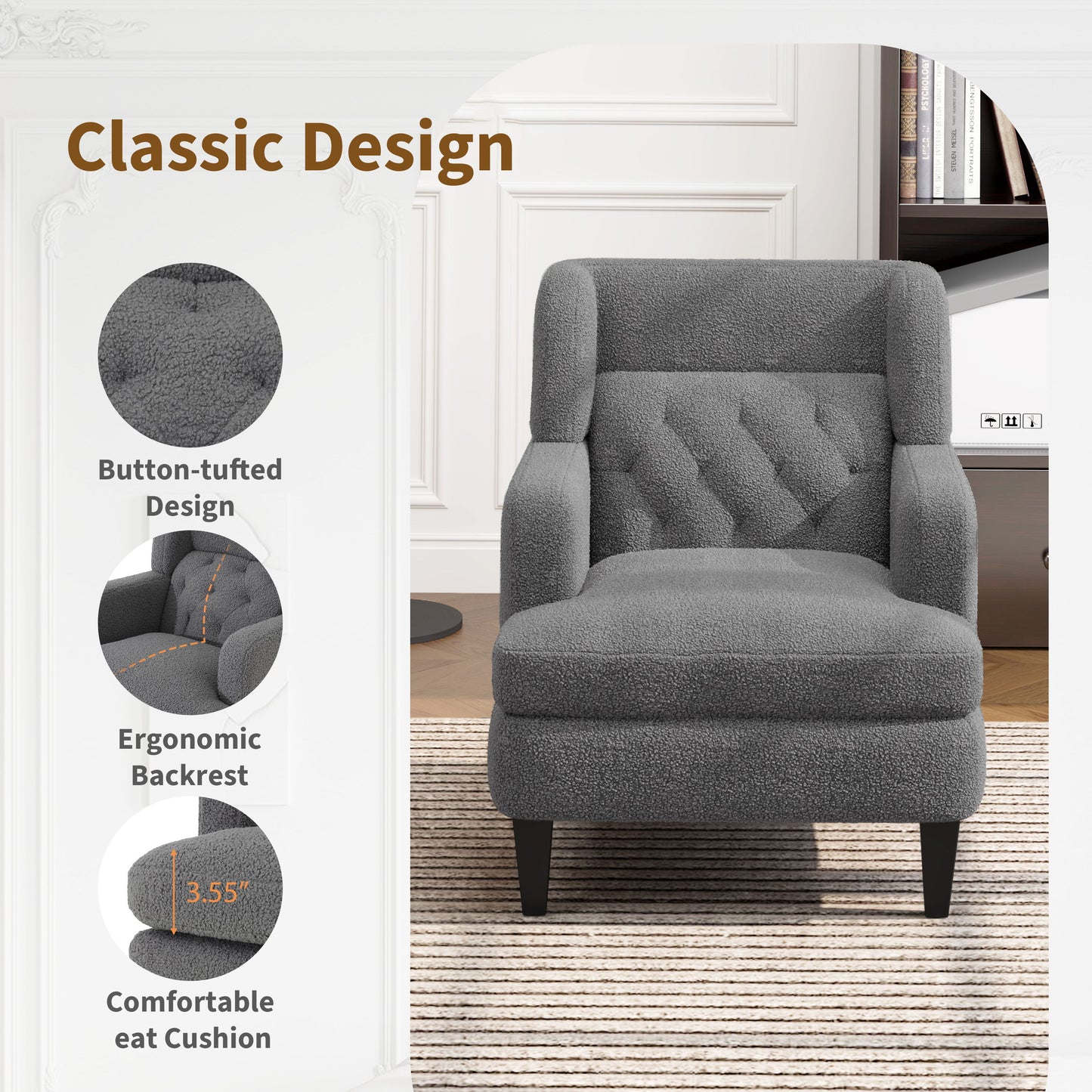 Upholstered Accent Chair Tufted Armchair For Living Room - Dark Gray