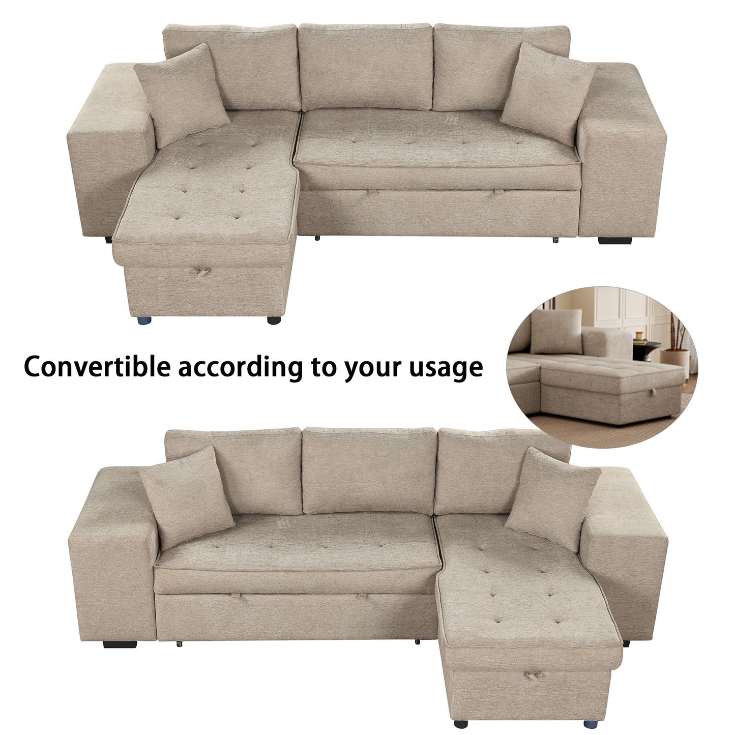 Modern L-Shape 3 Seat Reversible Sectional Couch, Pull Out Sleeper Sofa With Storage Chaise And 2 Stools For Living Room Furniture Set - Cream