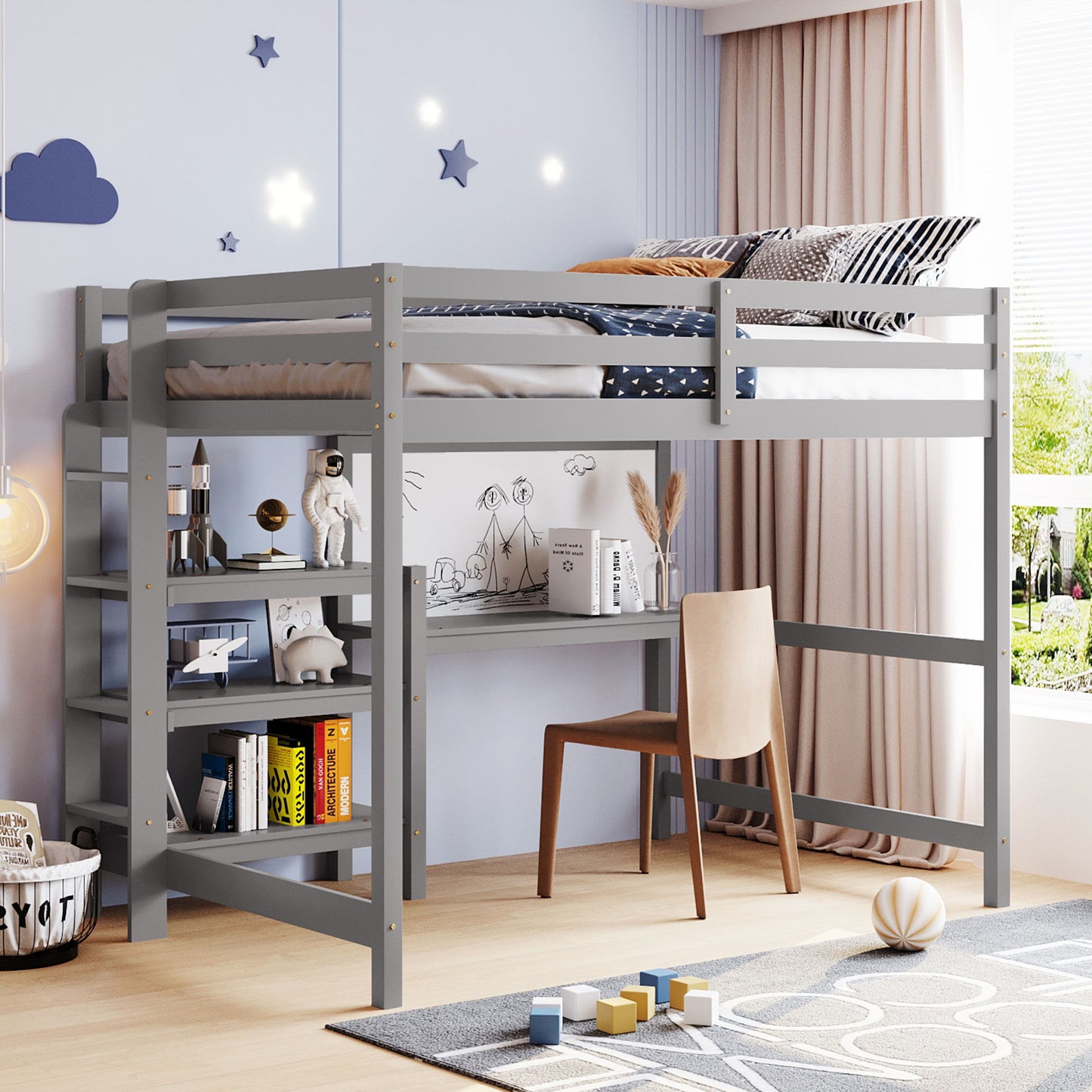 Full Size Loft Bed With Shelves, Desk And Writing Board - Gray