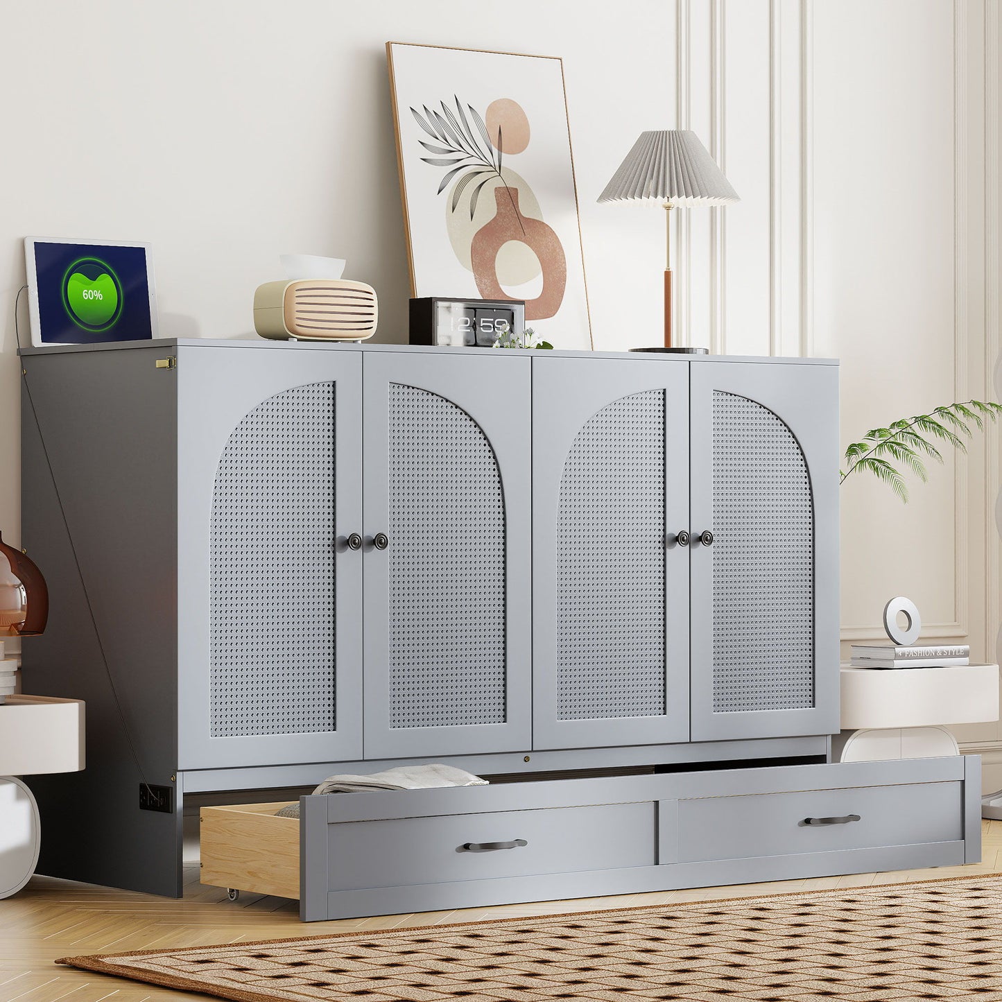 Queen Size Murphy Bed With Large Drawers - Gray