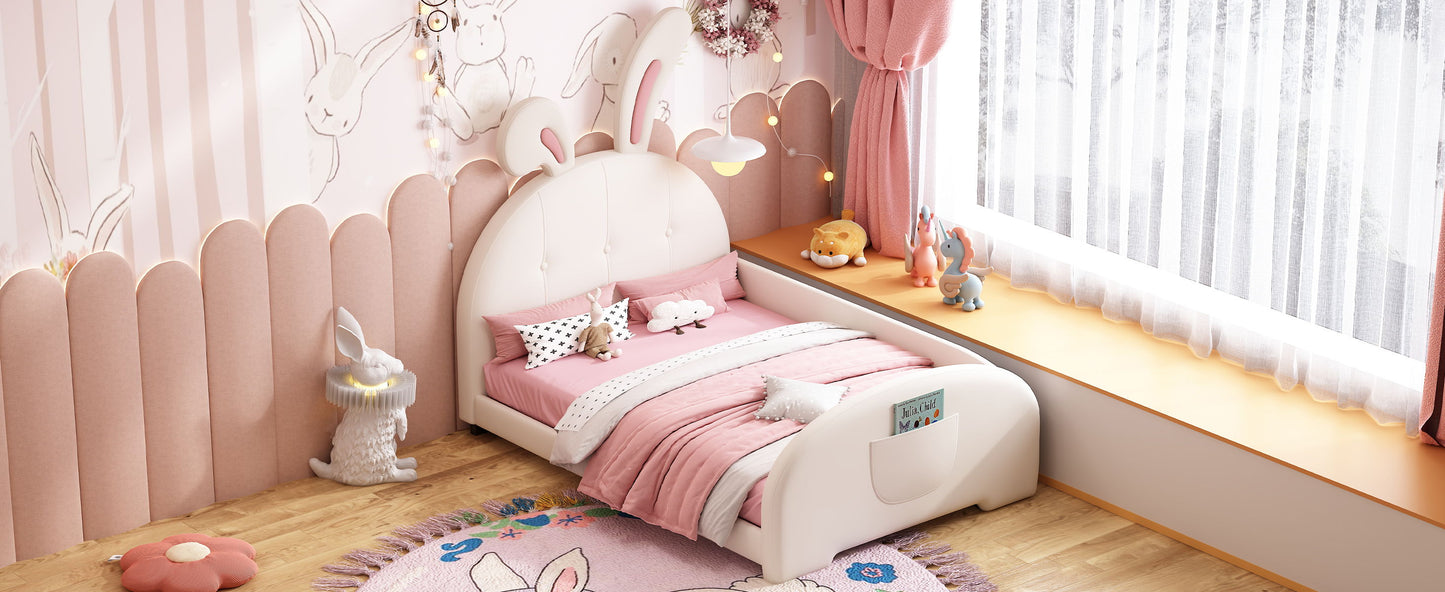 Twin Size Upholstered Rabbit-Shape Princess Bed, Twin Size Platform Bed With Headboard And Footboard - White