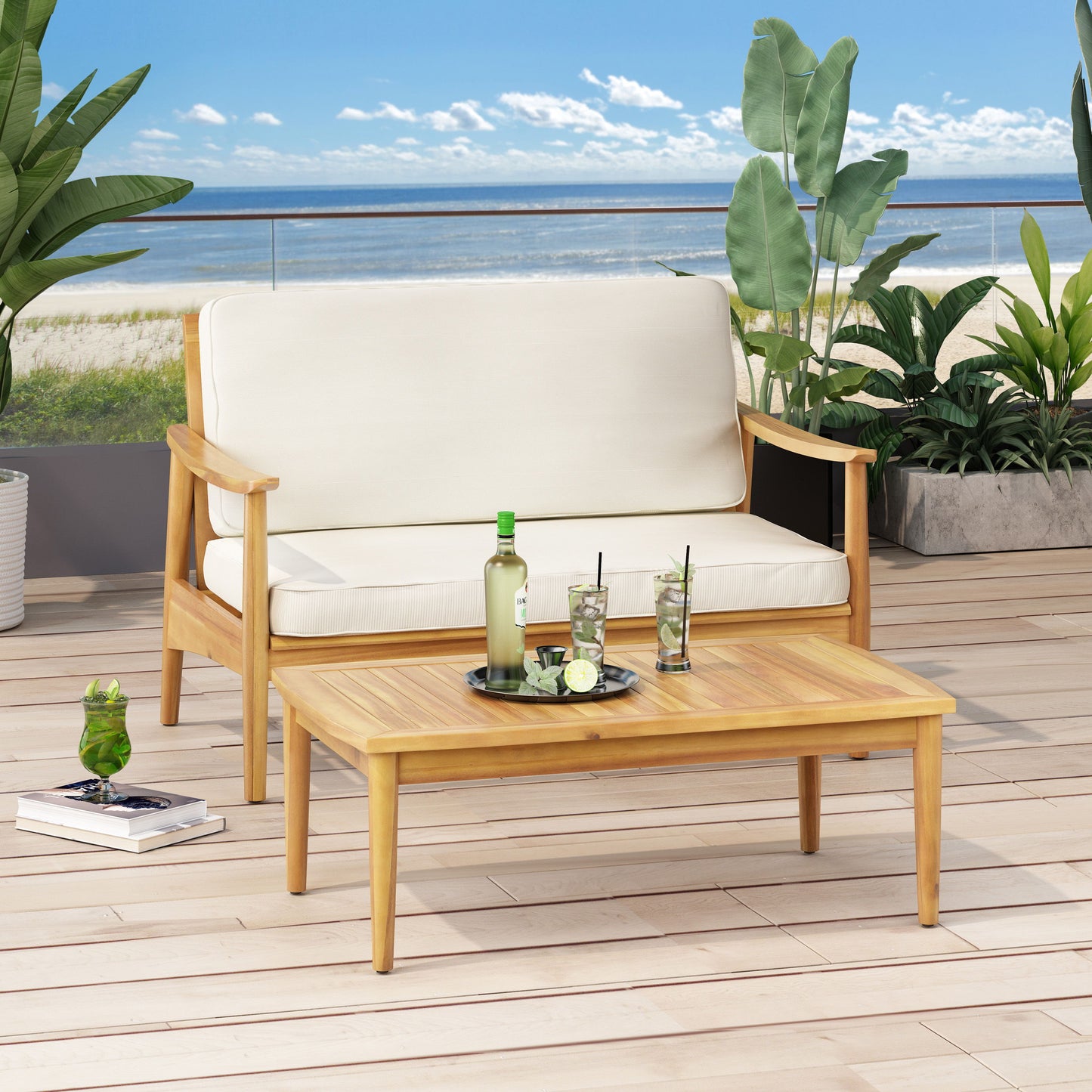 2 Piece Patio Set With Slatted Back Loveseat And Coffee Table - Teak