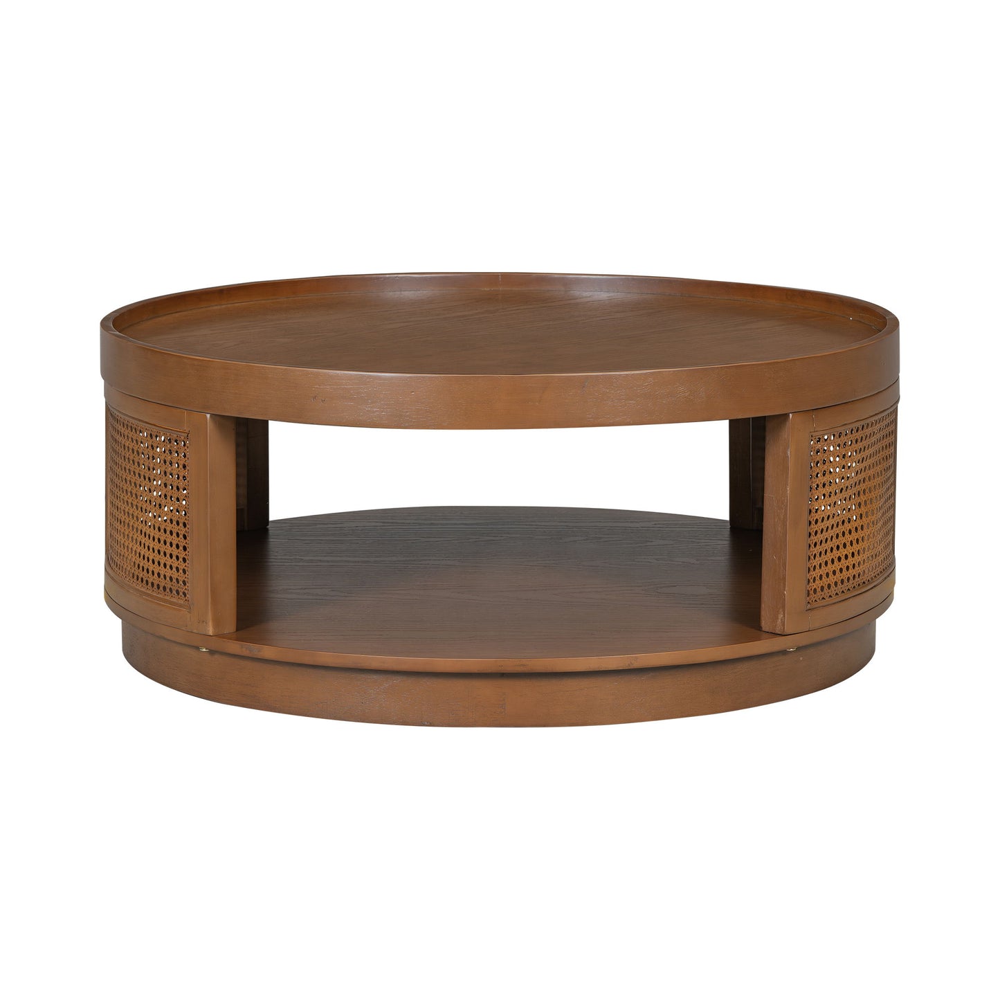 Wooden Mid-Century Modern Coffee Table, Round Cane Coffee Table With Side For Living Room - Brown