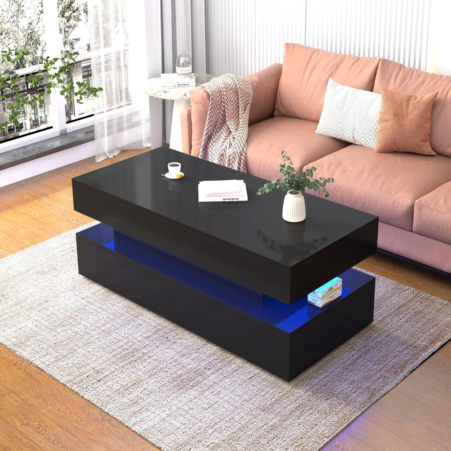 High Quality Foldable 3 Tier Coffee Table With Drawers And LED Light - Black