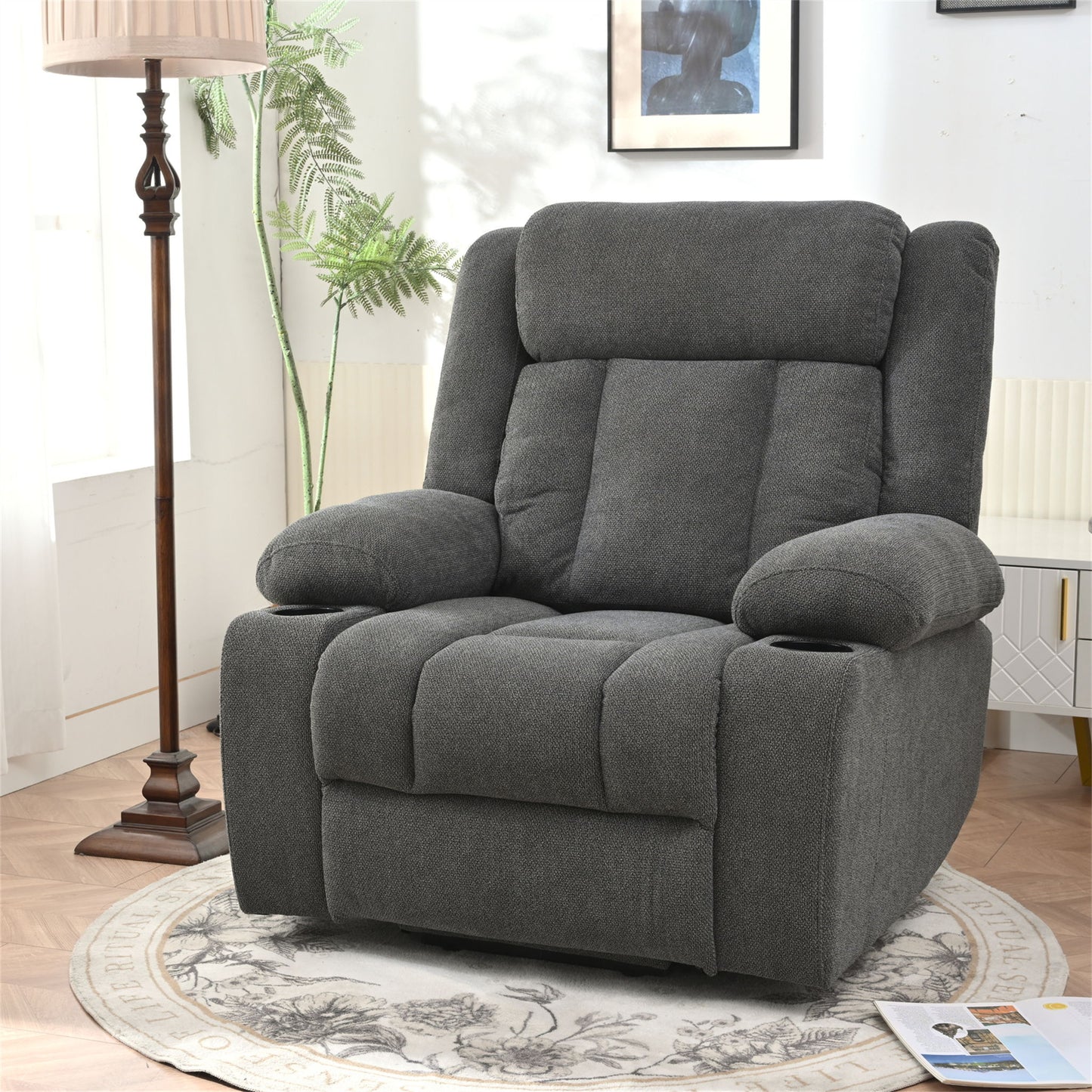 Power Lift Recliner Chair - Fabric Single Sofa With Extended Footrest, Remote Control, Cup Holders, And Side Pockets For Living Room Or Home Theater - Dark Gray