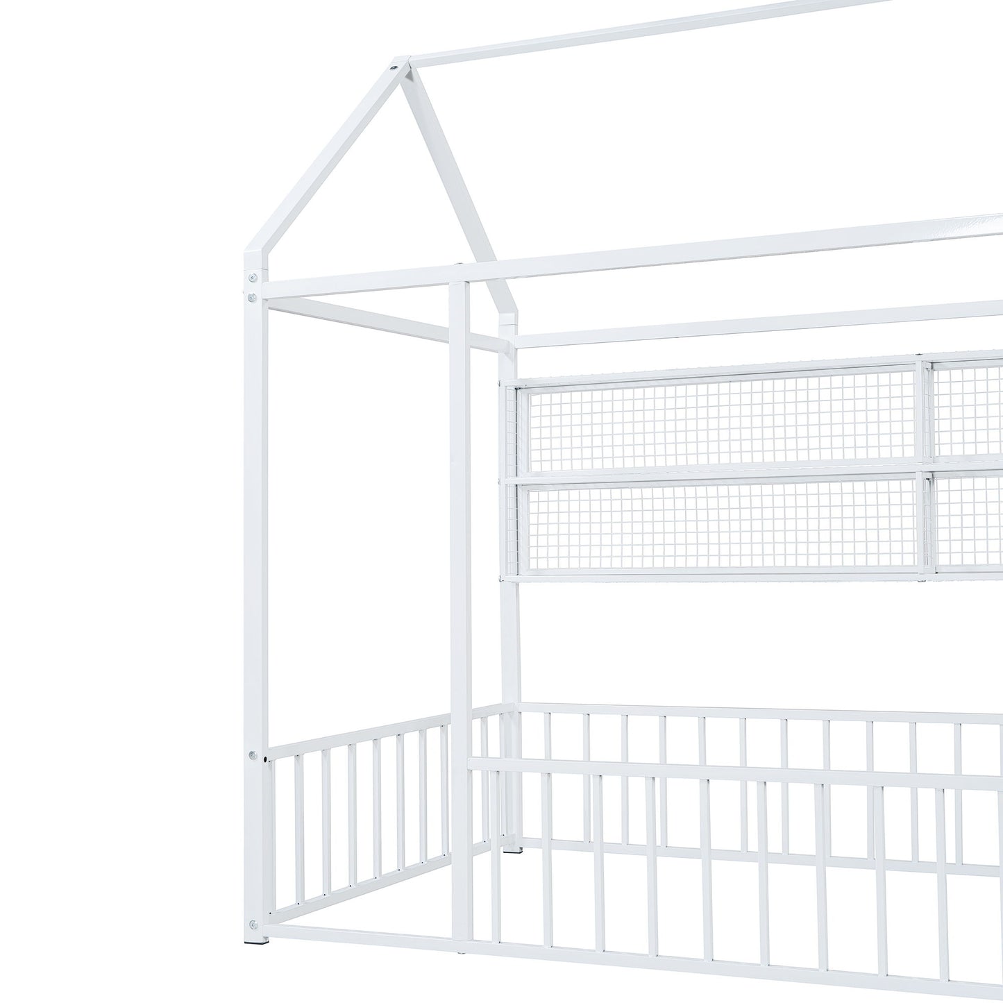 Twin Size Bed House Frame With Fence And Shelves - White
