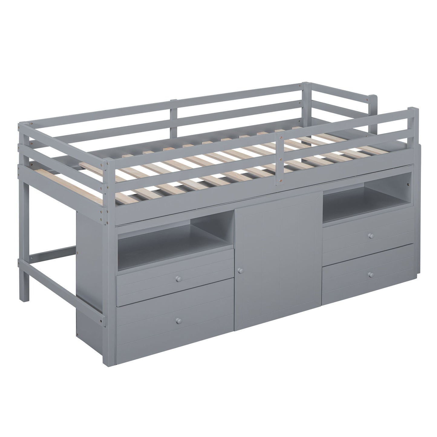 Twin Size Loft Bed With 4 Drawers, Underneath Cabinet And Shelves - Gray
