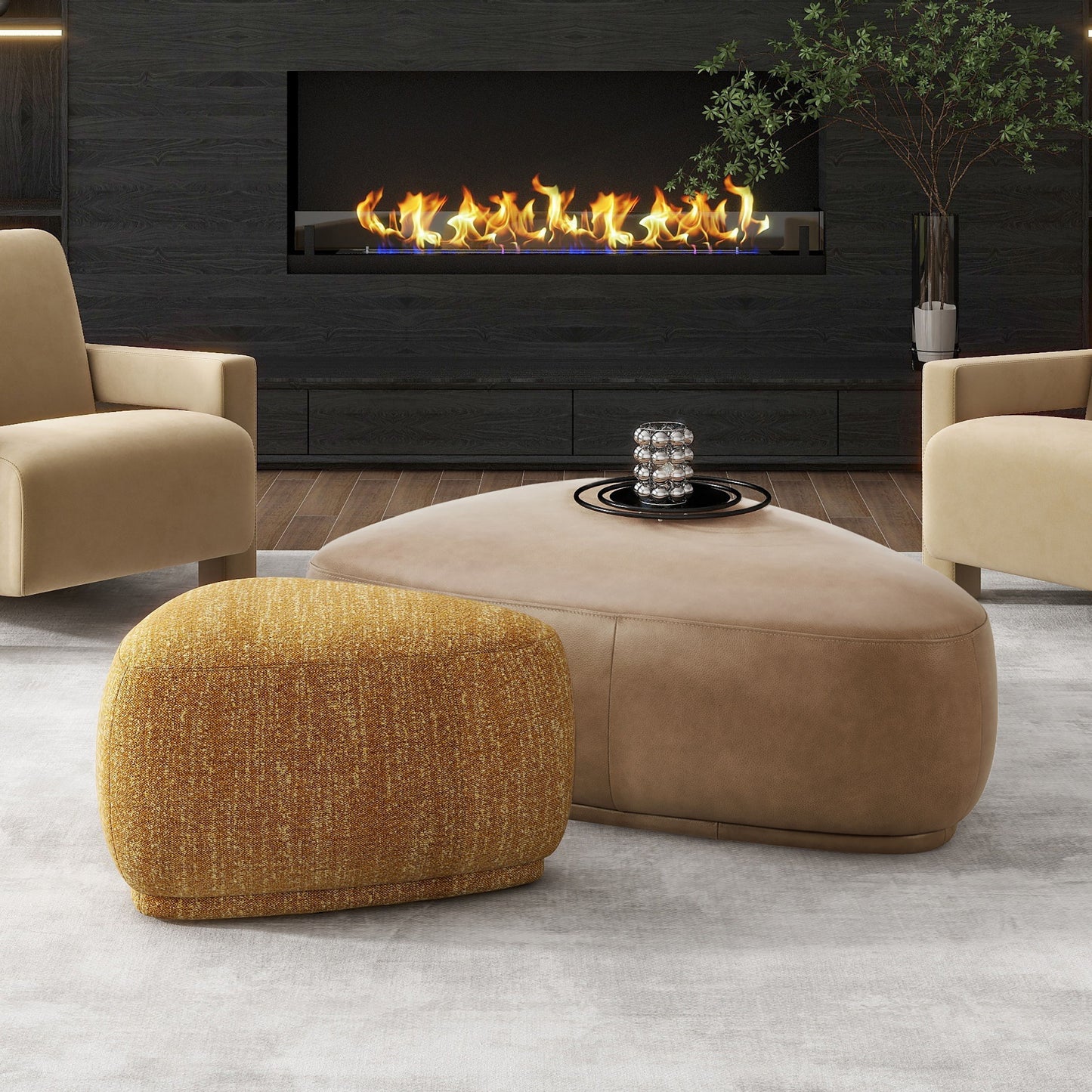 Pebble - Rounded Triangle Cocktail Ottoman - Mustard Yellow Tweed
