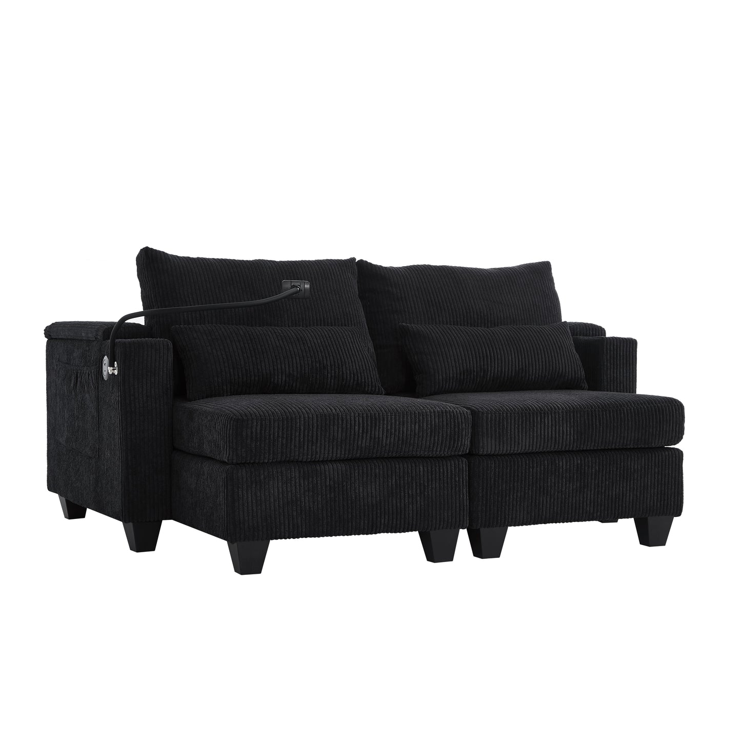 Convertible Chaise Lounge Loveseat Sofa Bed With USB Ports, Cup Holders, Phone Holder & Storage - Black