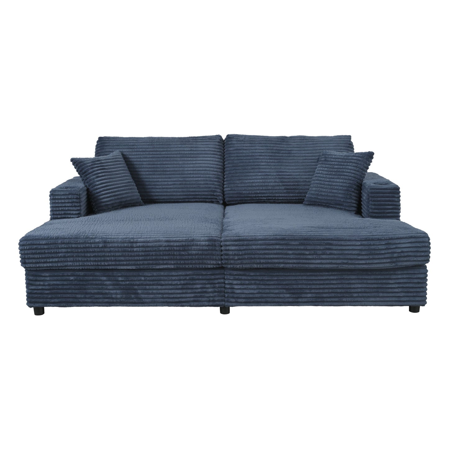 Oversized Loveseat Chaise Lounge Sectional Sofa Bed Corduroy Sleeper Sofa With 2 USB Ports, 2 Cup Holders And 2 Throw Pillows For Living Room And Bedroom - Blue