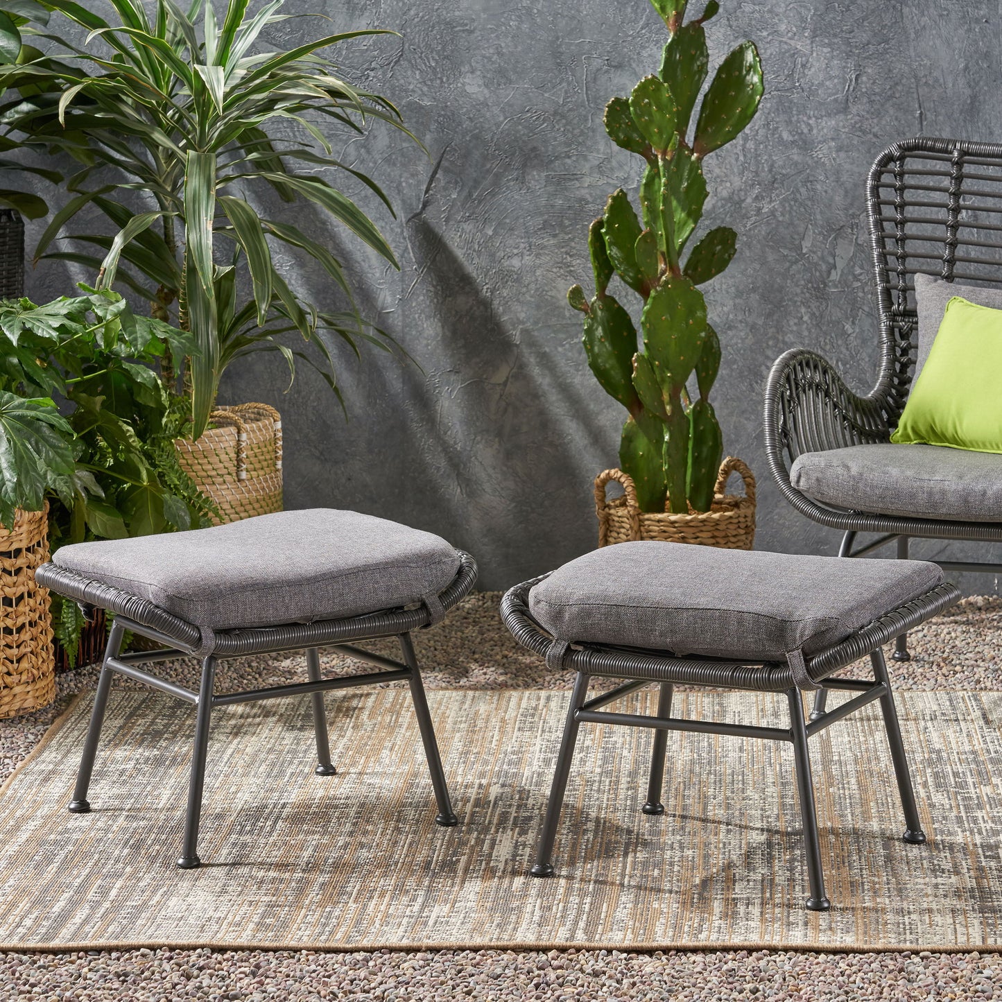 Outdoor Modern Boho Wicker Ottoman With Cushions (Set of 2) - Gray