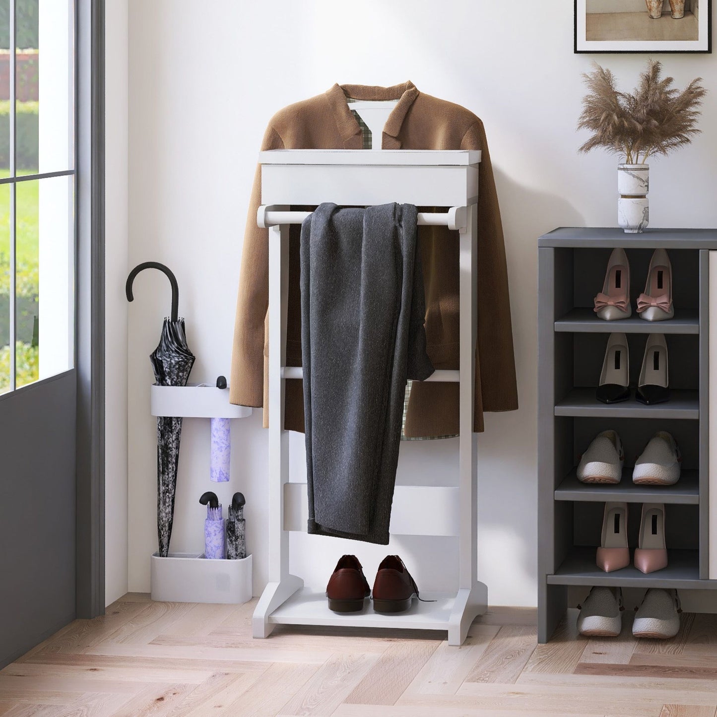 Portable Garment Rack, Clothes Valet Stand With Storage Organizer - White