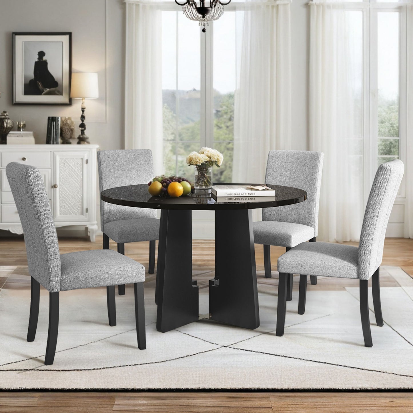 5 Piece Round Dining Table Set, Modern Dining Table And 4 Upholstered Chairs For Dining Room, Kitchen Room, Living Room - Gray / Black