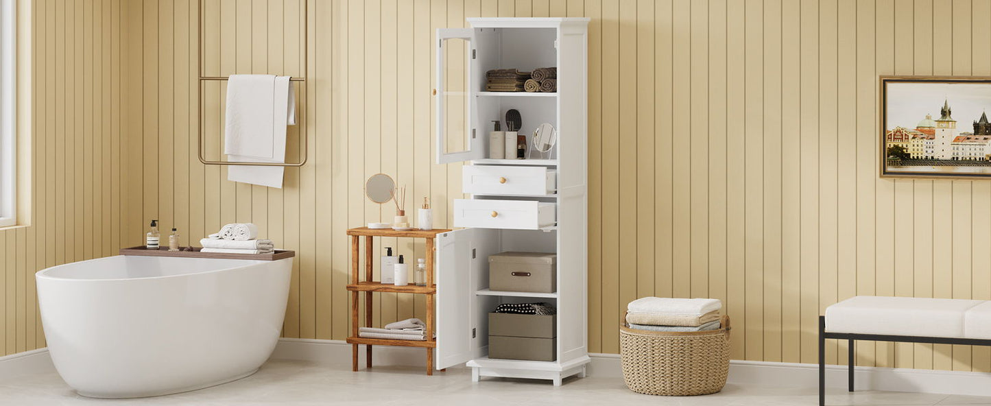Tall Bathroom Storage Cabinet With Glass Doors, Free-Standing, Two Drawers, And Adjustable Shelves, MDF Board, Painted Perfect For Displaying Your Favorite Items - White