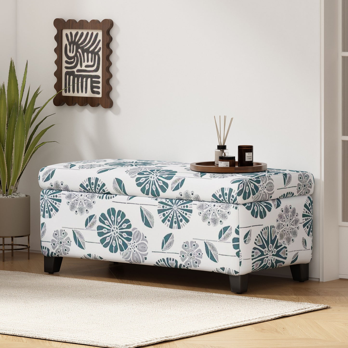 Luxury Storage Ottoman With Floral Patterned Fabric, Soft Close Hinges, Functional Footrest & Seat - Multicolor