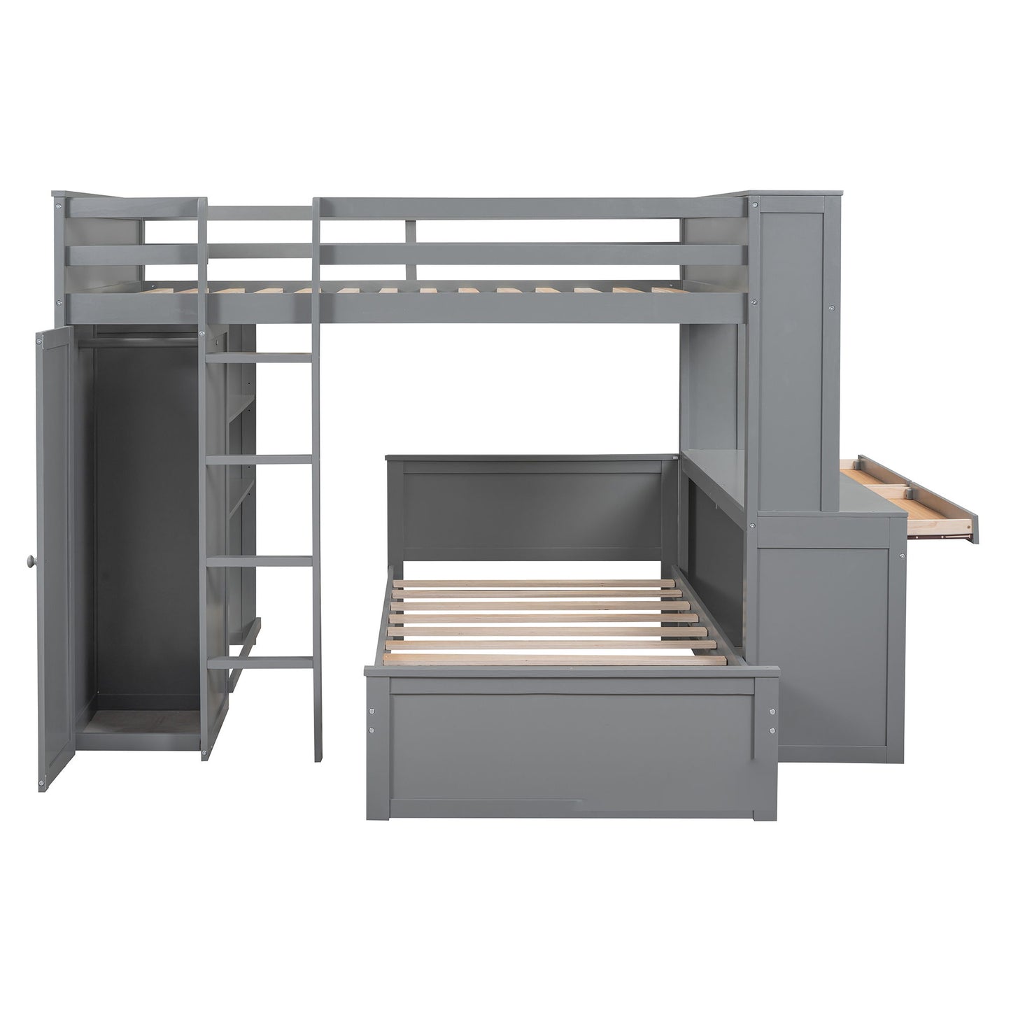 Full Size Loft Bed With A Twin Size Standalone Bed, Shelves, Desk, And Wardrobe - Gray