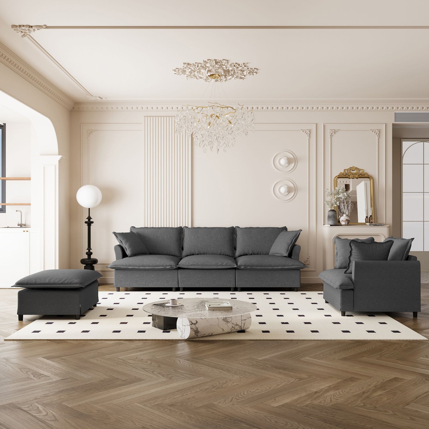 3 Piece Living Room Set Modular L Shaped Sectional Couch Upholstered, 3 Seater Sofa & Armchair & Movable Ottoman 5 Seat - Gray
