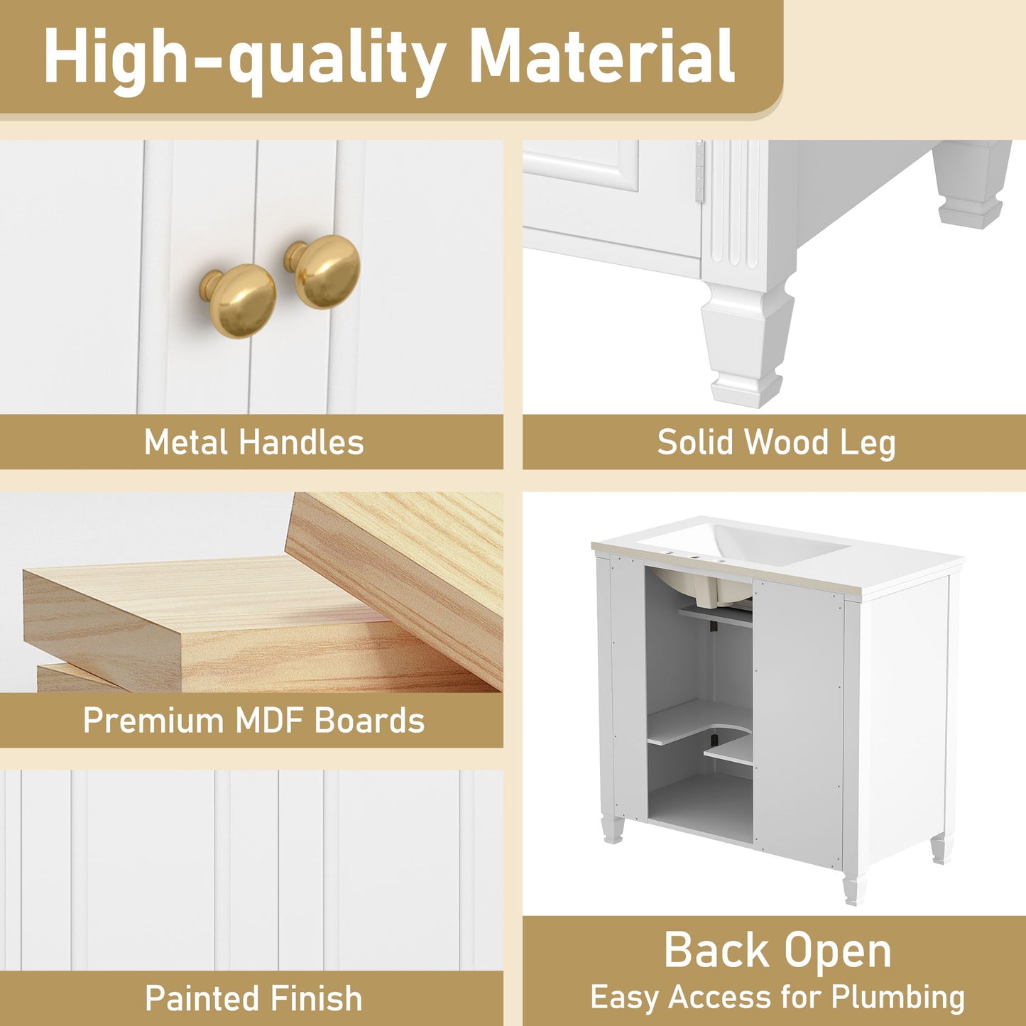Modern Bathroom Vanity With Ceramic Sink, Freestanding, One Tip - Out Drawer, 3 Side Drawers, Adjustable Shelf - White