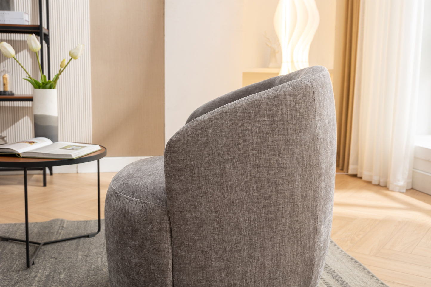 Chenille Fabric Swivel Accent Armchair Barrel Chair With Black Powder Coating Metal Ring - Gray