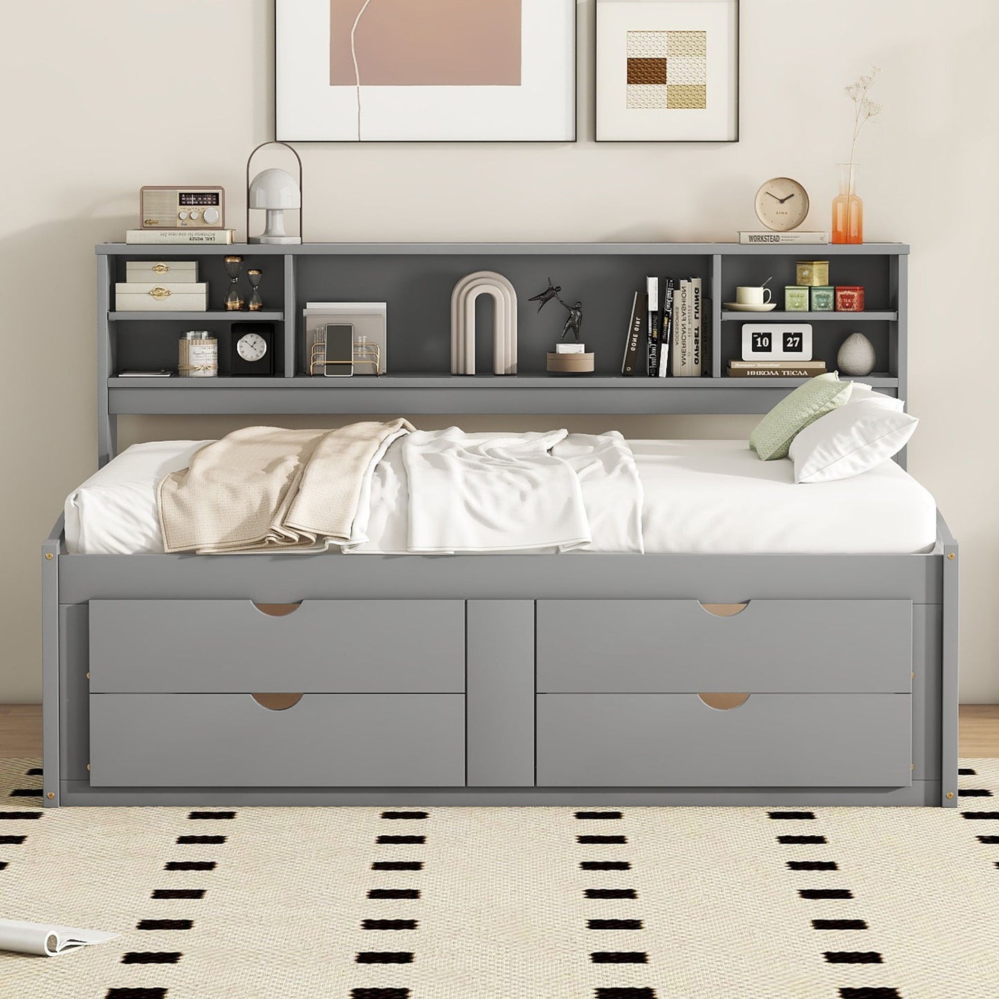 Full Size Daybed With 2 Bedside Cabinets, Upper Shelves And 4 Drawers - Gray