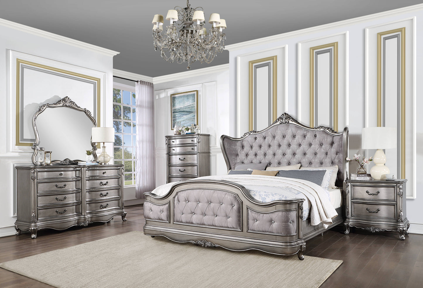 Ariadne - California King Velvet Bed - Antique Silver