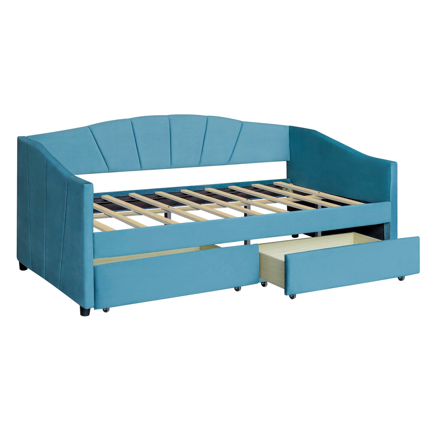 Twin Size Upholstered Daybed With Two Drawers And Slat - Blue