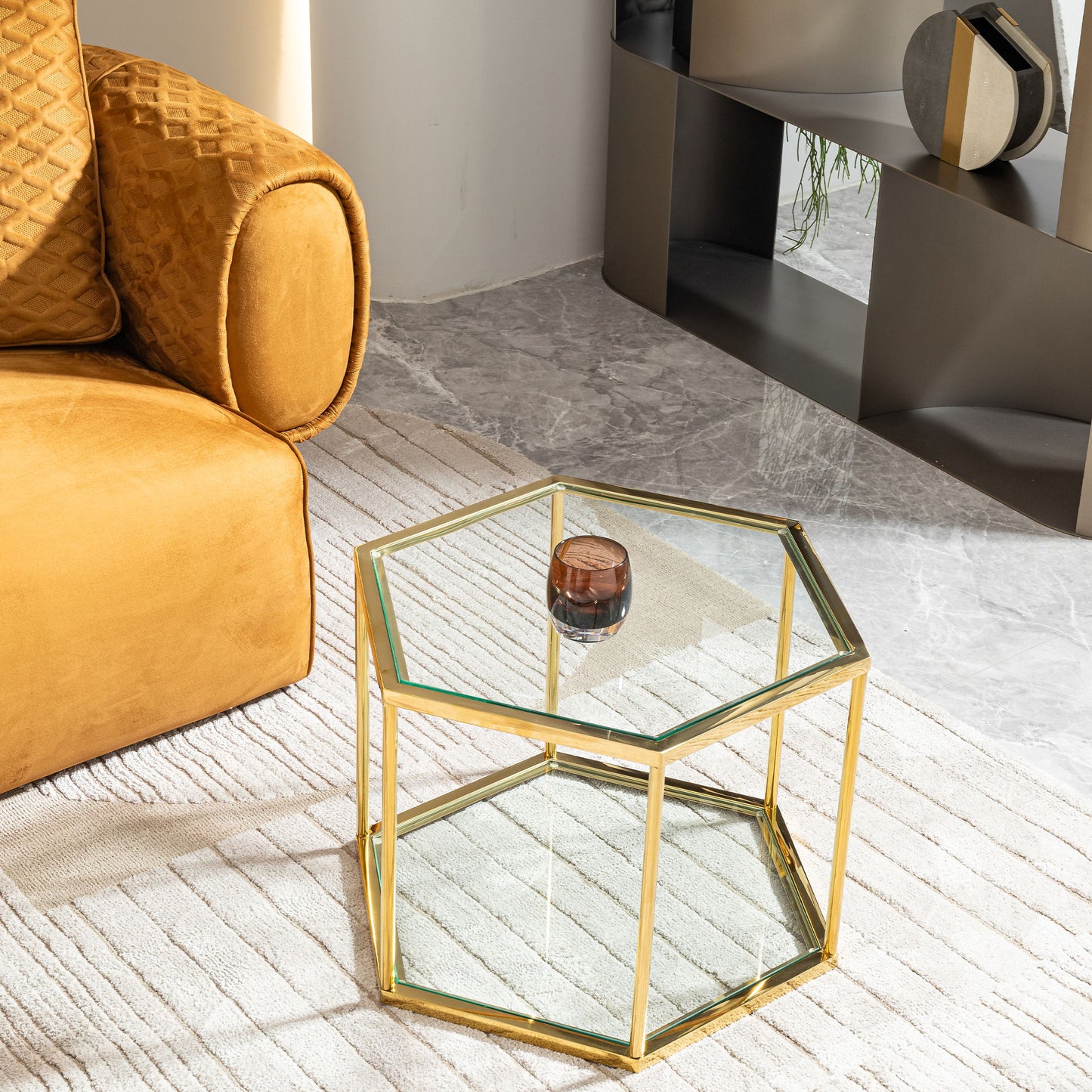 Modern Stainless Steel Coffee Table With Double Layer Tempered Glass And Polygonal Design - Gold