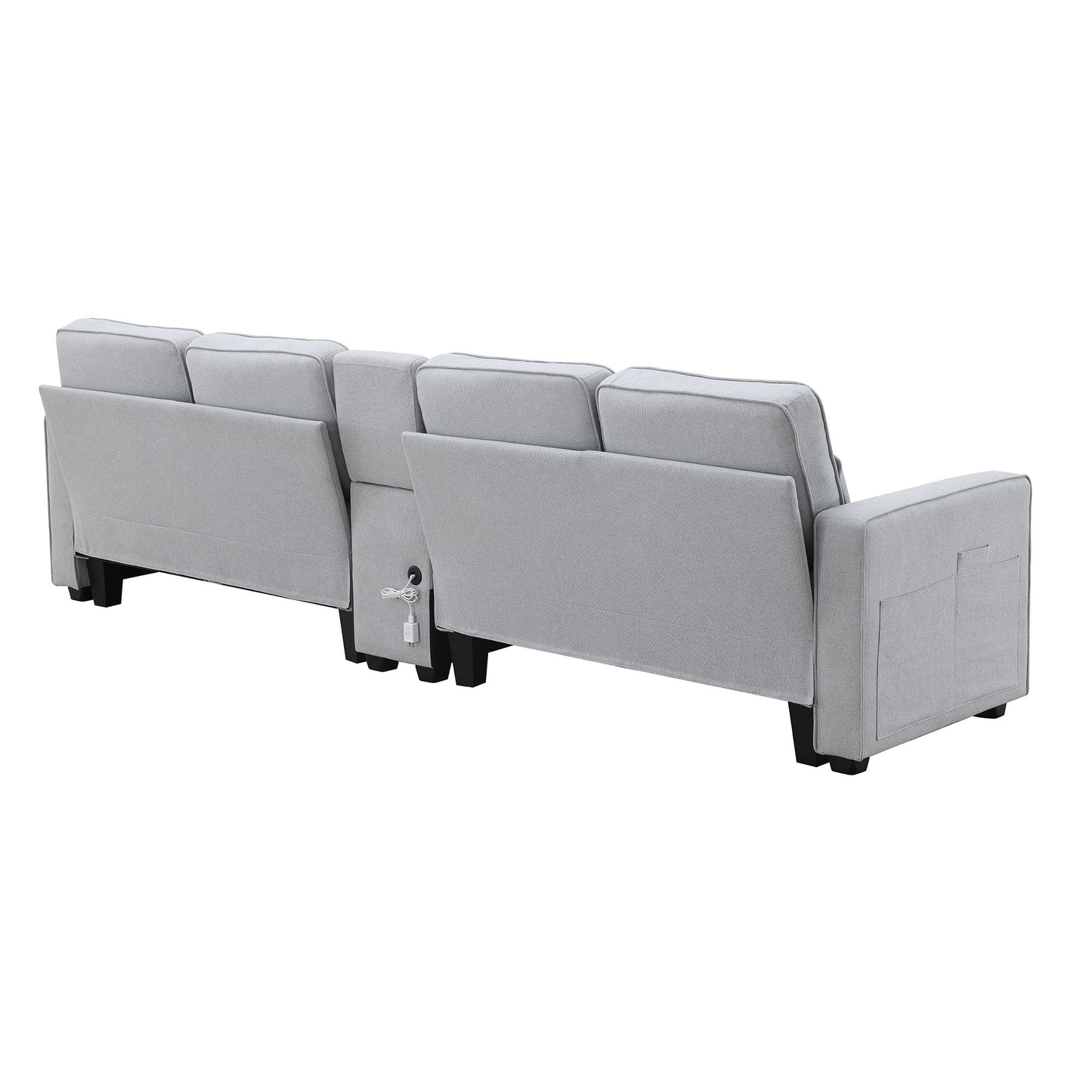 Upholstered Sofa With Console, 2 Cupholders And 2 USB Ports Wired Or Wirelessly Charged, Modern Linen Fabric Couches With 4 Pillows (4 Seat) - Light Gray
