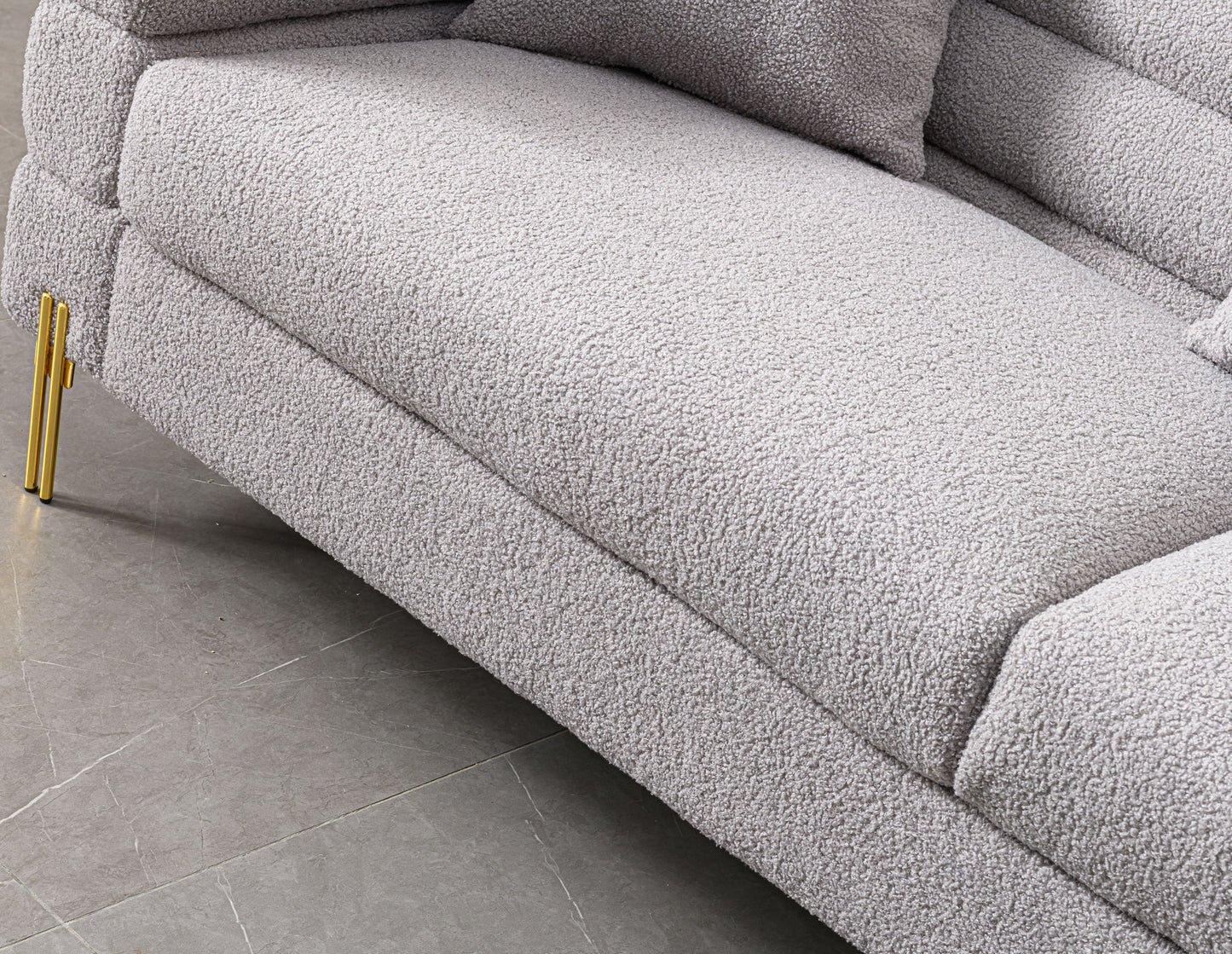 Luxurious And Comfortable Upholstered Sofa With Golden Legs And Pillows For Living Room And Reception Area - Gray