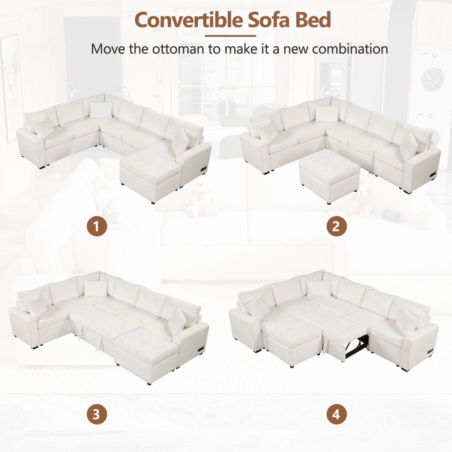 Sectional Sofa Pull-Out Sofa Bed Sleeper With A Storage Ottoman, Three Pillows And Charging Devices For Living Room - Cream