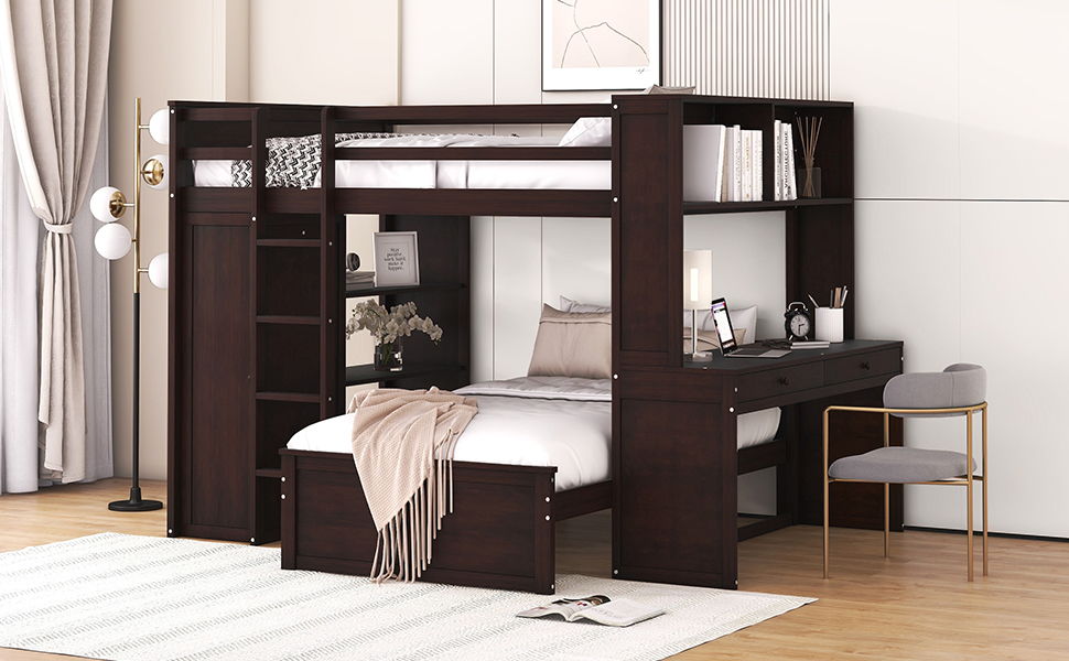Full Size Loft Bed With A Twin Size Standalone Bed, Shelves, Desk, And Wardrobe - Espresso