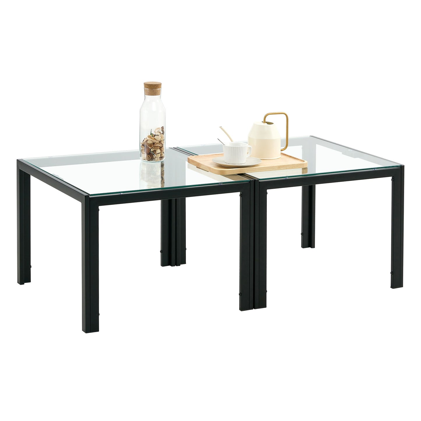 Coffee Table (Set of 2), Square Modern Table With Tempered Glass Finish For Living Room - Transparent / Black