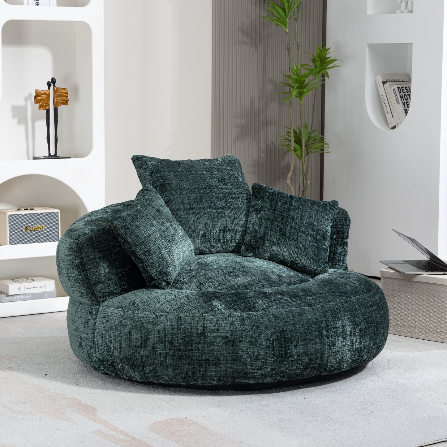 Chenille High Back Bean Bag Chair Couch With 3 Pillows, Indoor & Outdoor, Single Gaming Sofa For Bedroom - Emerald