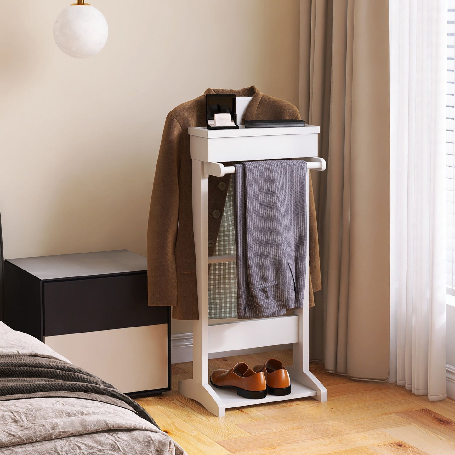 Portable Garment Rack, Clothes Valet Stand With Storage Organizer - White