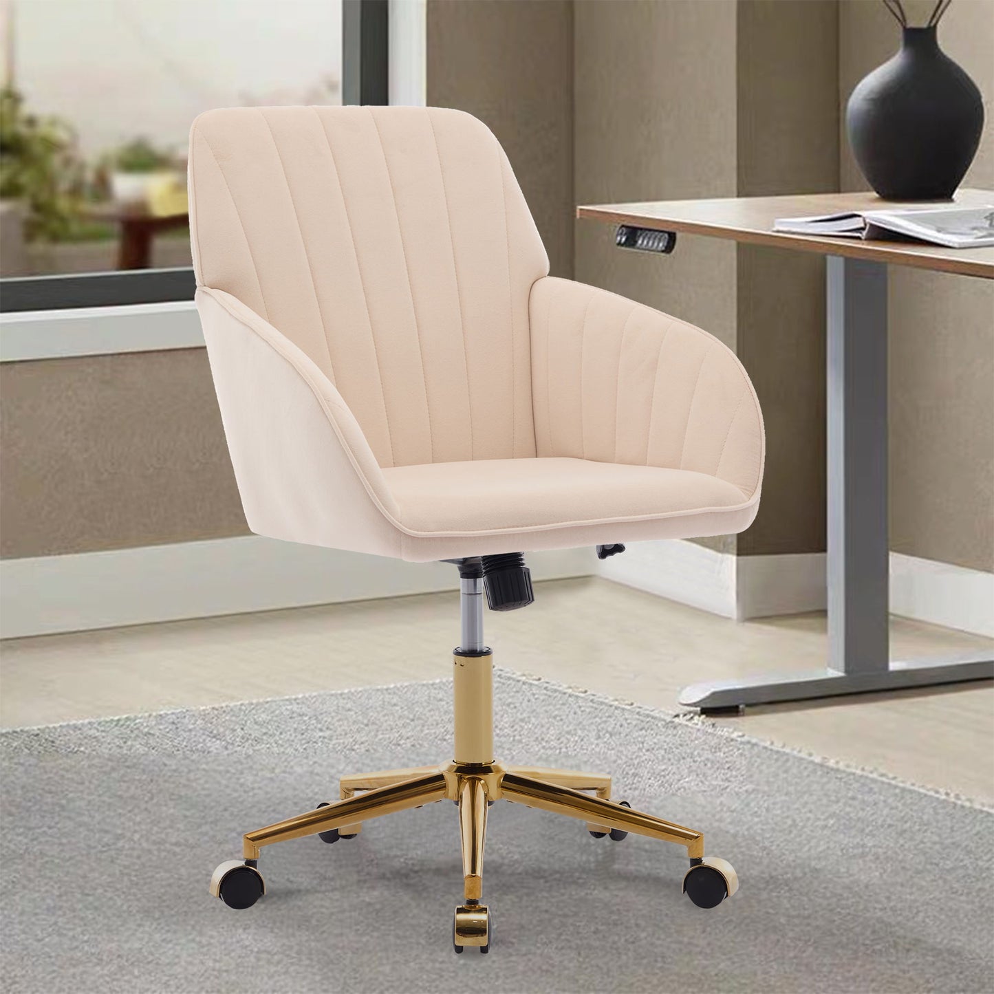 Ergonomic Office Chair With Swivel Function, Velvet, Comfortable For Long Sitting - Khaki