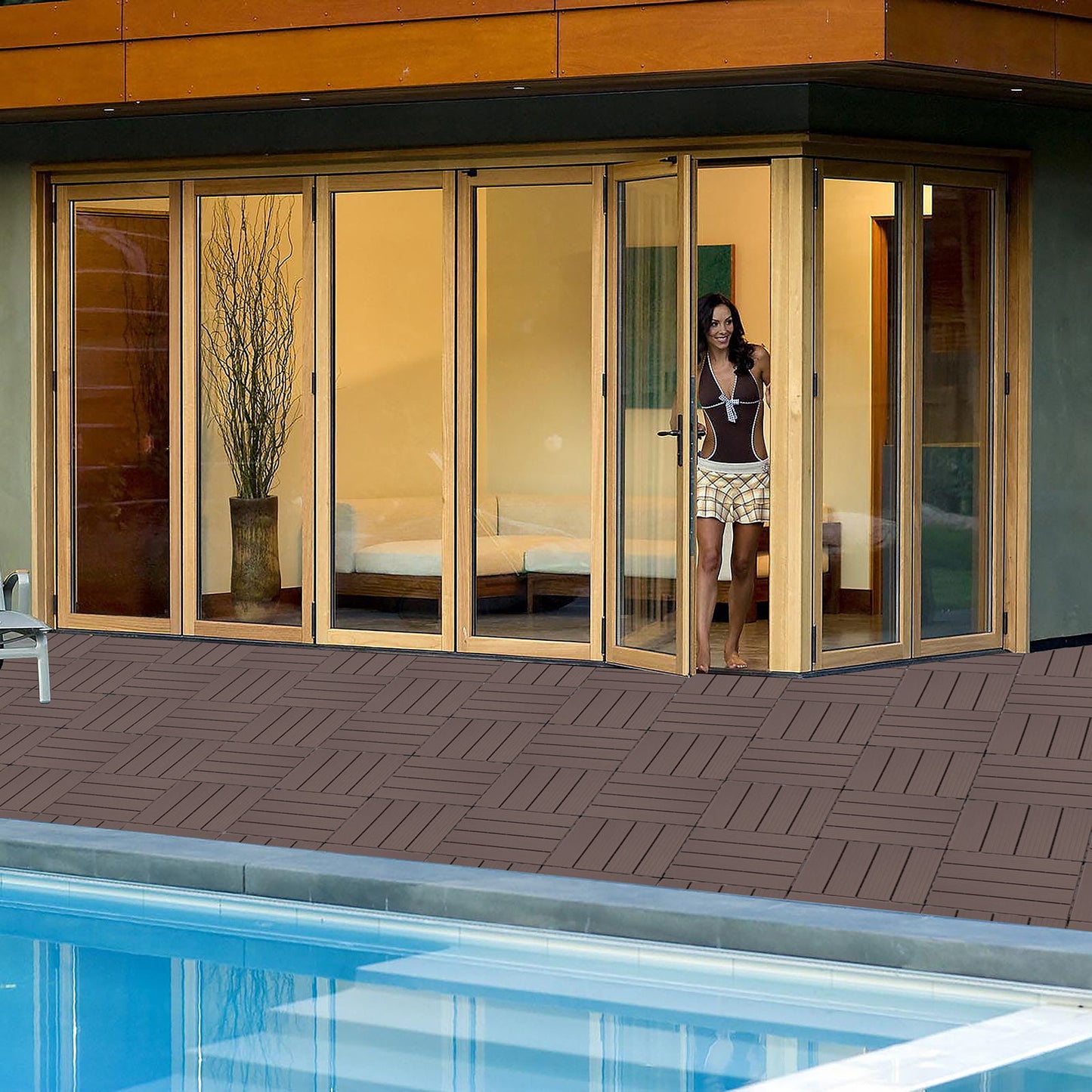 Plastic Interlocking Deck Tiles, Patio Flooring Outdoor Waterproof All Weather Use For Garden Poolside Front / Back Yard (Set of 44) - Light Coffee Color