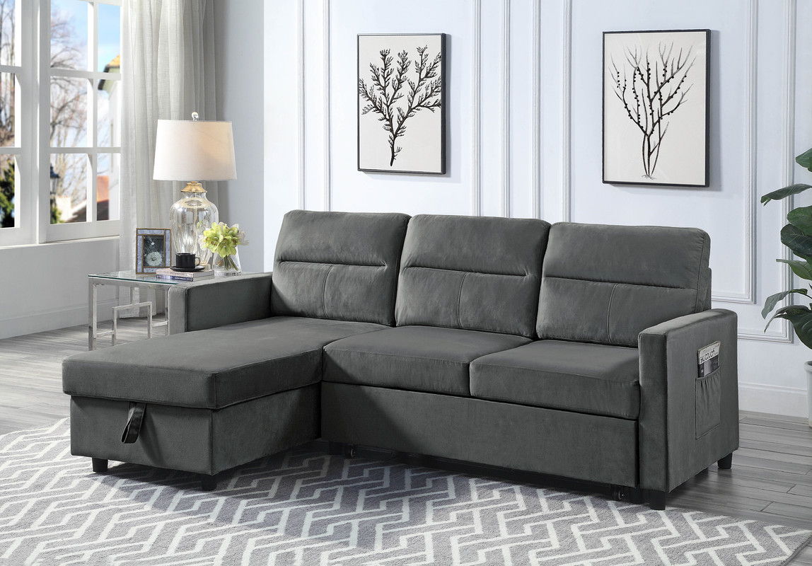 Ivy - Velvet Reversible Sleeper Sectional Sofa With Storage Chaise And Side Pocket - Dark Gray