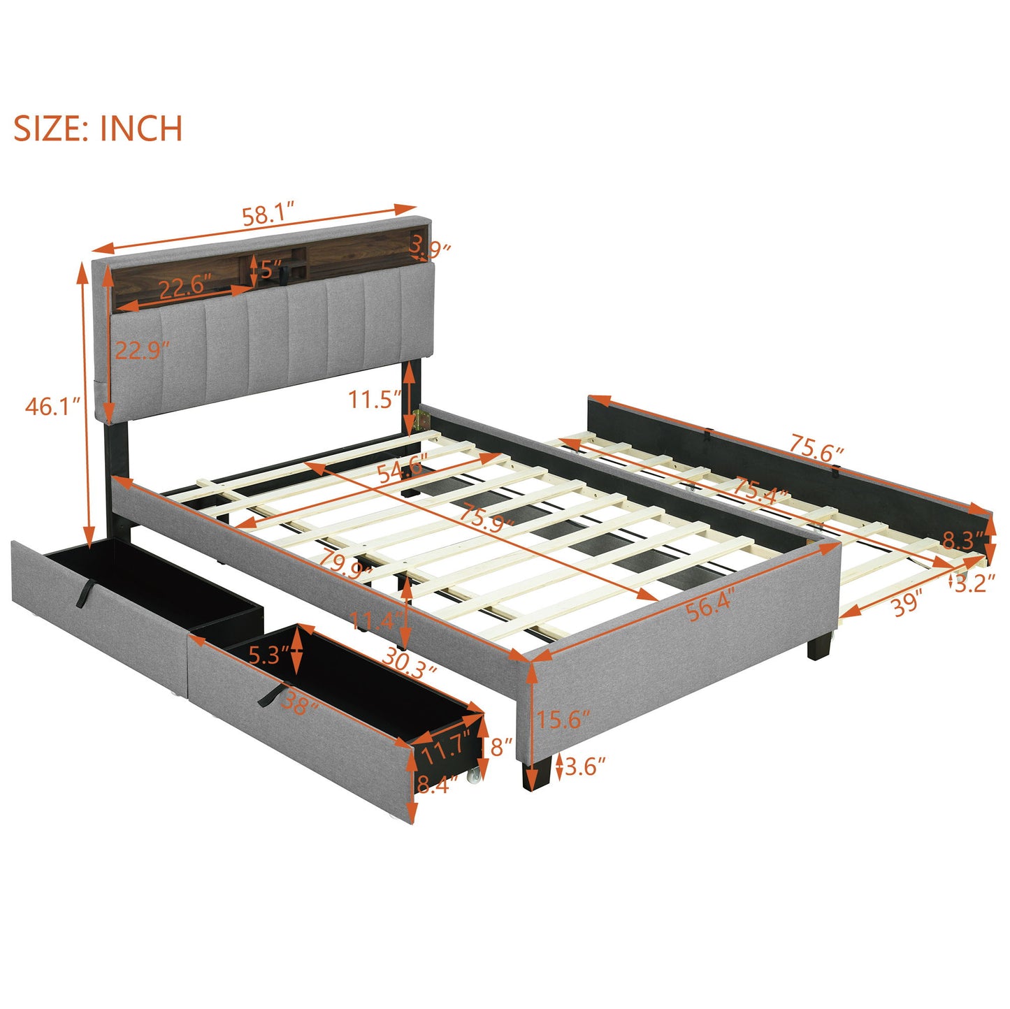 Full Size Upholstered Platform Bed With Storage Headboard, Twin Size Trundle & 2 Drawers And A Set Of Sockets & USB Ports - Gray