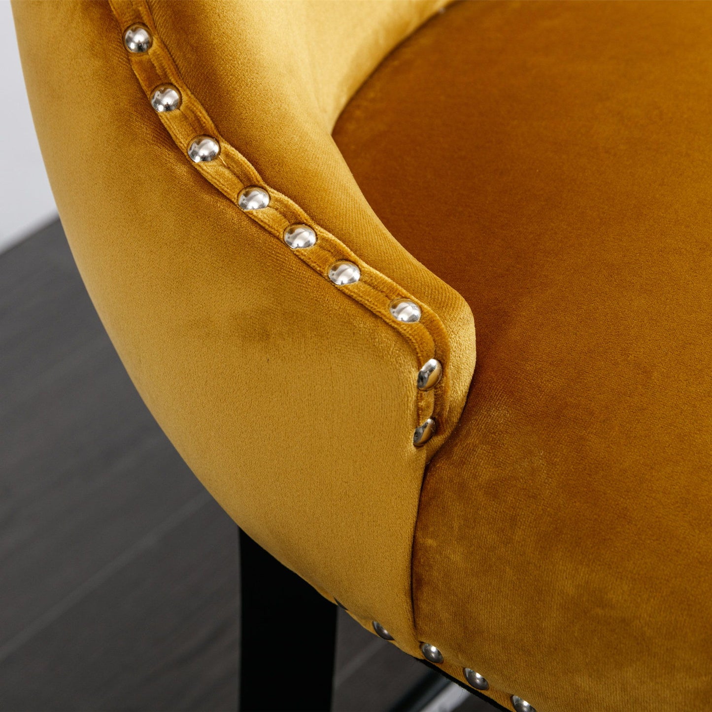 Contemporary Velvet Upholstered Wing-Back Barstools With Button Tufted Decoration And Wooden Legs, And Chrome Nailhead Trim, Leisure Style Bar Chairs, Bar Stools (Set of 4) - Gold