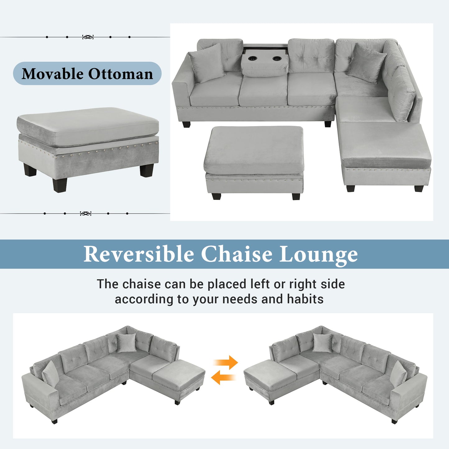 Modern Sectional Sofa With Storage Ottoman, L - Shape Couch With 2 Pillows And Cup Holders - Gray